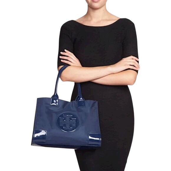 Tory Burch Small Ella Patent Leather Tote Bag Nylon Purse Navy Blue - Picture 1 of 11